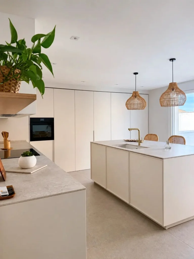 Vista de cocina en tonos claros con isla central, fregadero y gran frente de almacenaje con puerta Morrison.